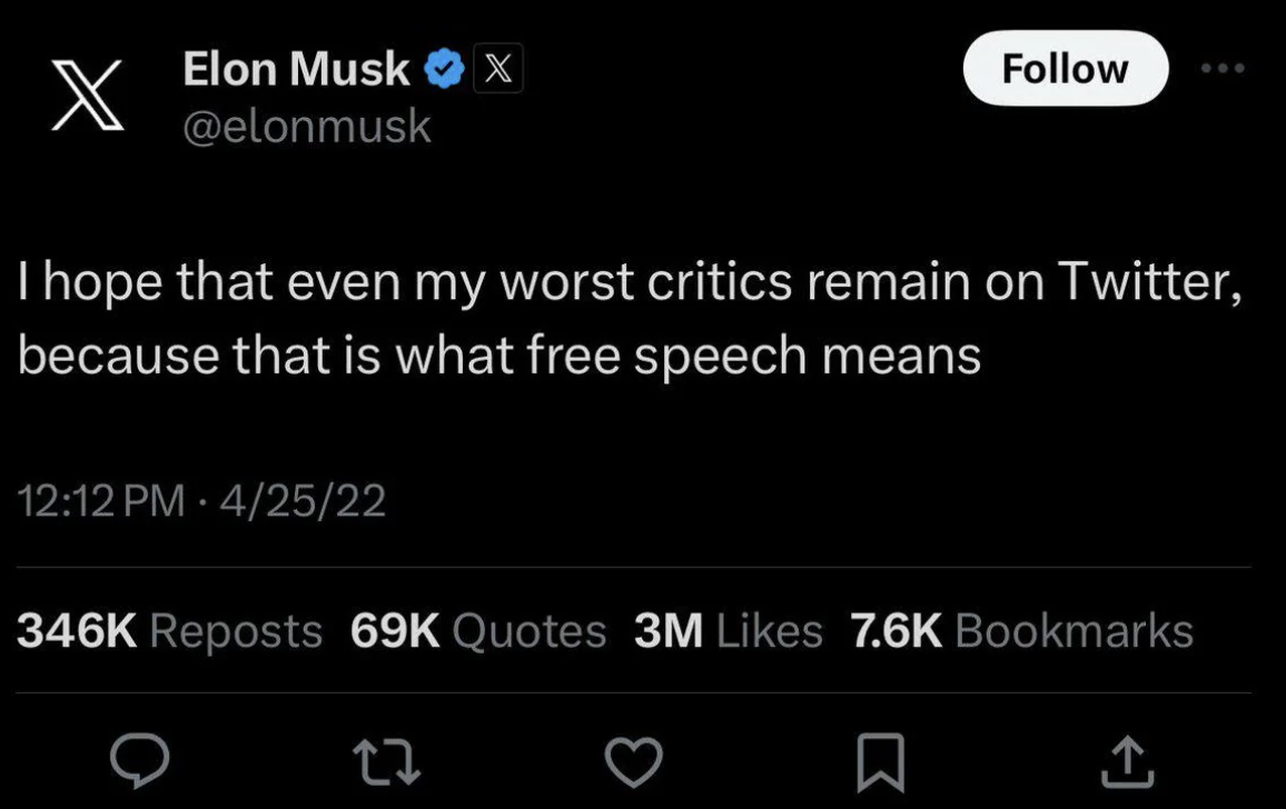 screenshot - X Elon Musk x X I hope that even my worst critics remain on Twitter, because that is what free speech means 42522 Reposts 69K Quotes 3M Bookmarks 27